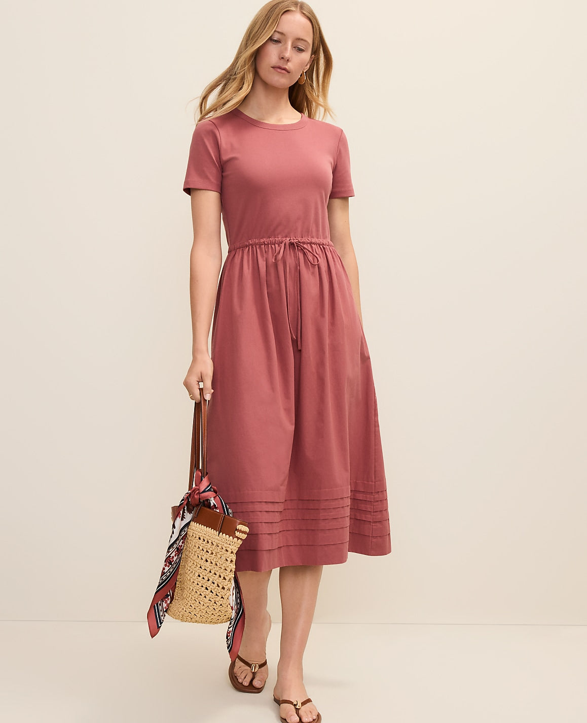 Weekend Mixed Media Crew Neck Midi Dress | Ann Taylor