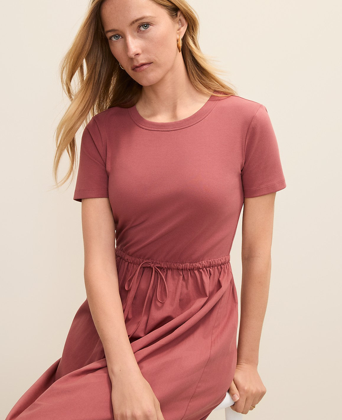 Weekend Mixed Media Crew Neck Midi Dress | Ann Taylor