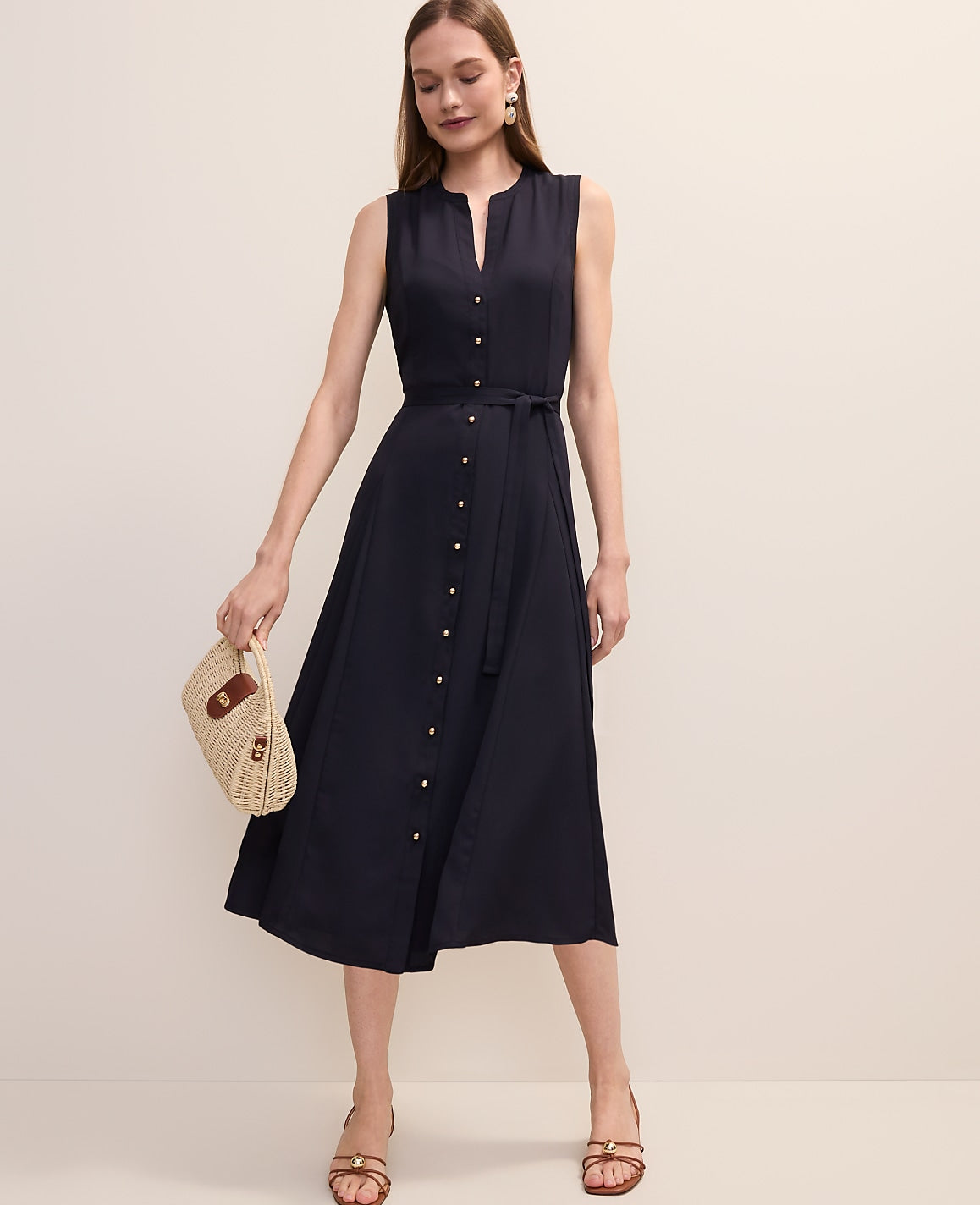 Belted Split Neck Flare Dress | Ann Taylor