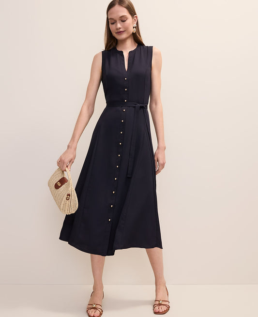 Belted Split Neck Flare Dress | Ann Taylor