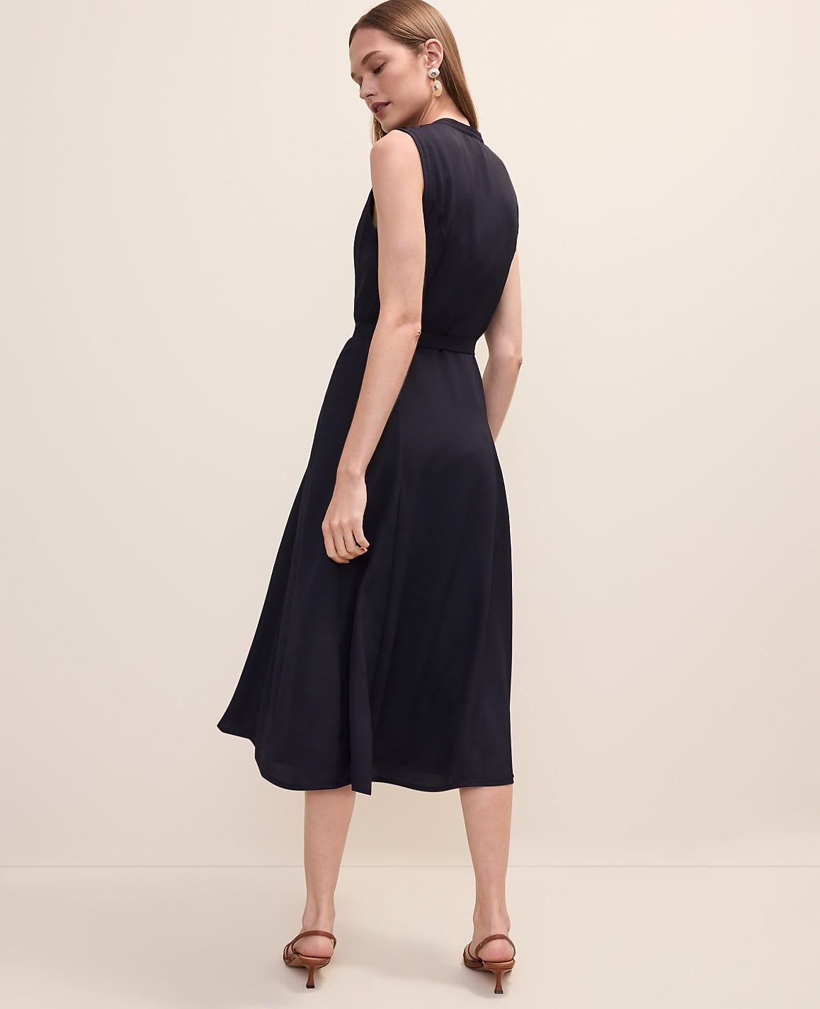 Belted Split Neck Flare Dress | Ann Taylor