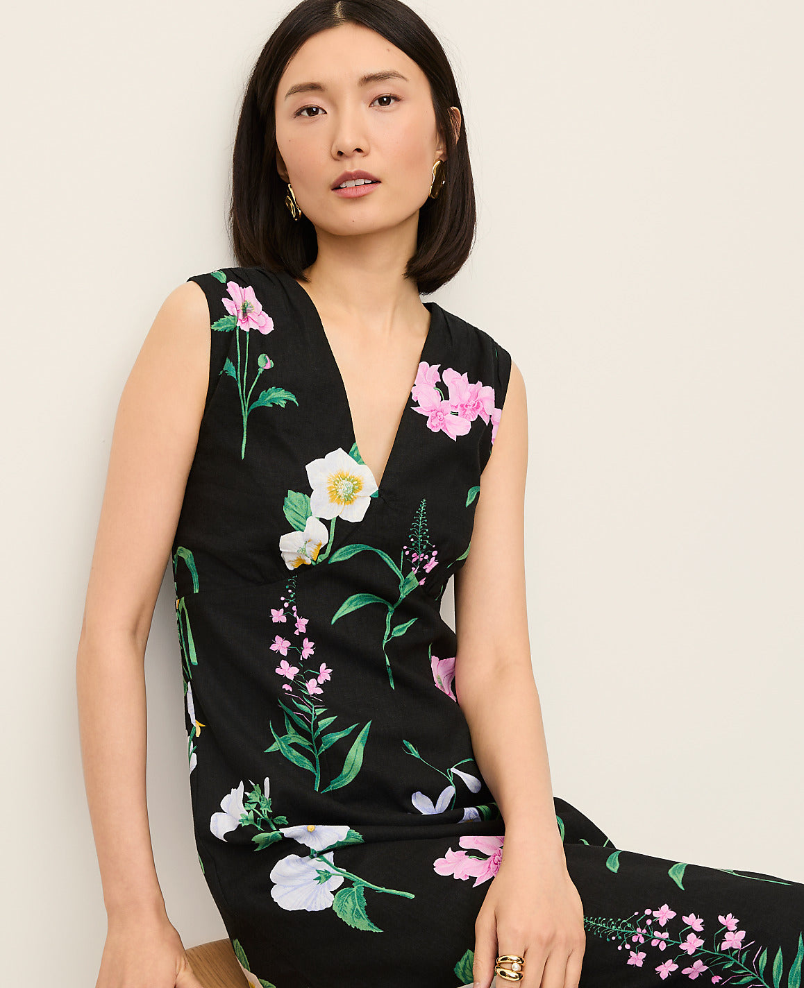 Floral Linen Blend Midi Dress | Ann Taylor