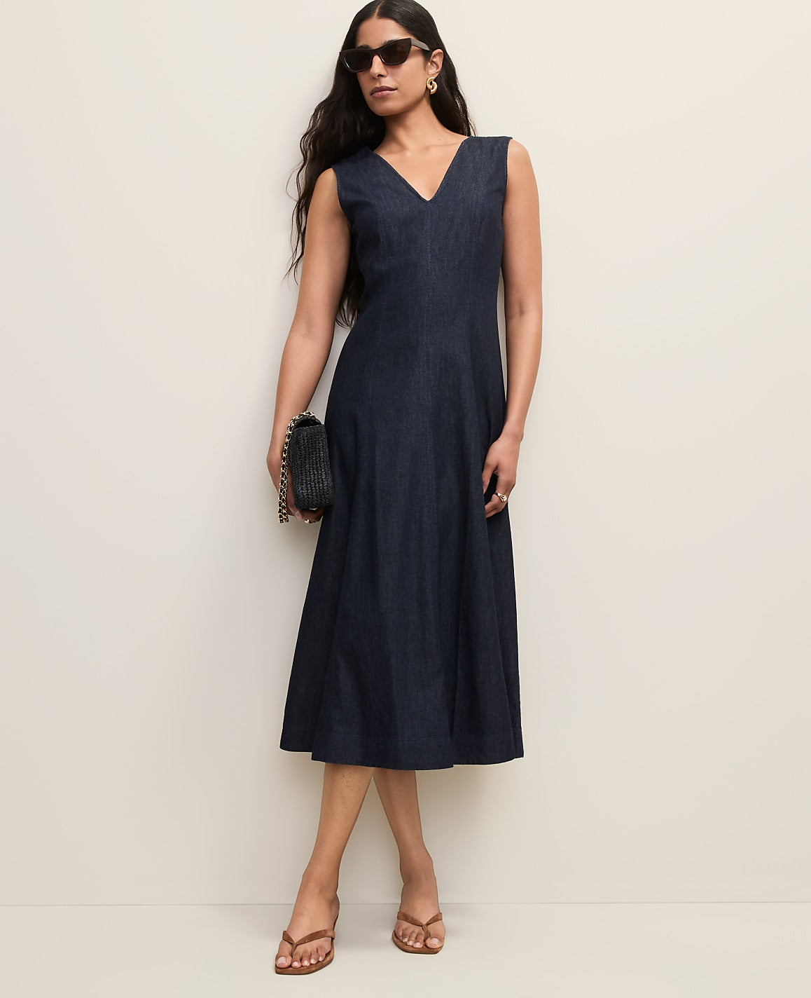 V-Neck Chambray Flare Midi Dress | Ann Taylor
