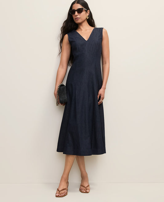 V-Neck Chambray Flare Midi Dress | Ann Taylor