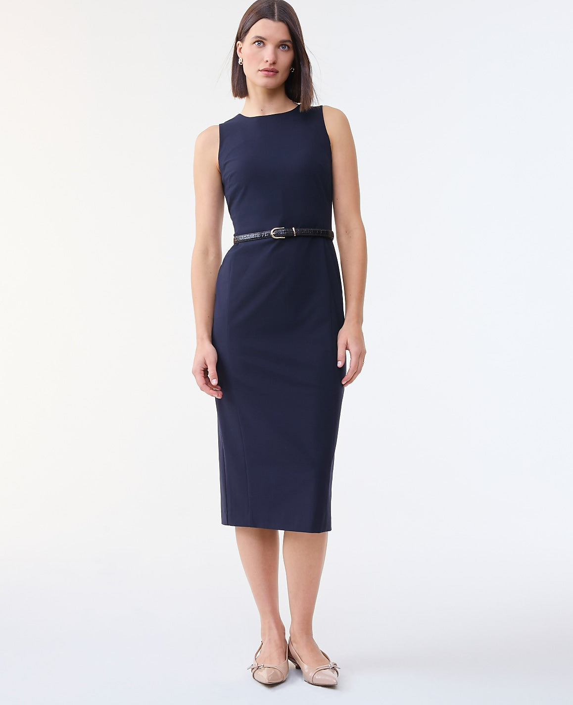The Belted Crew Neck Sheath Dress in Seasonless Stretch | Ann Taylor