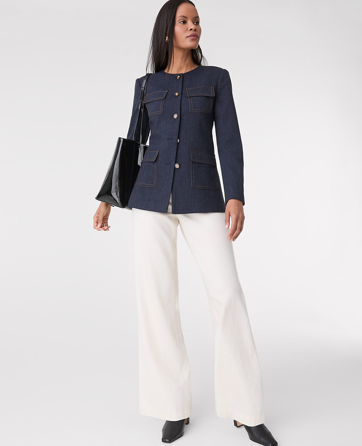 The Long Crew Neck Jacket in Denim | Ann Taylor