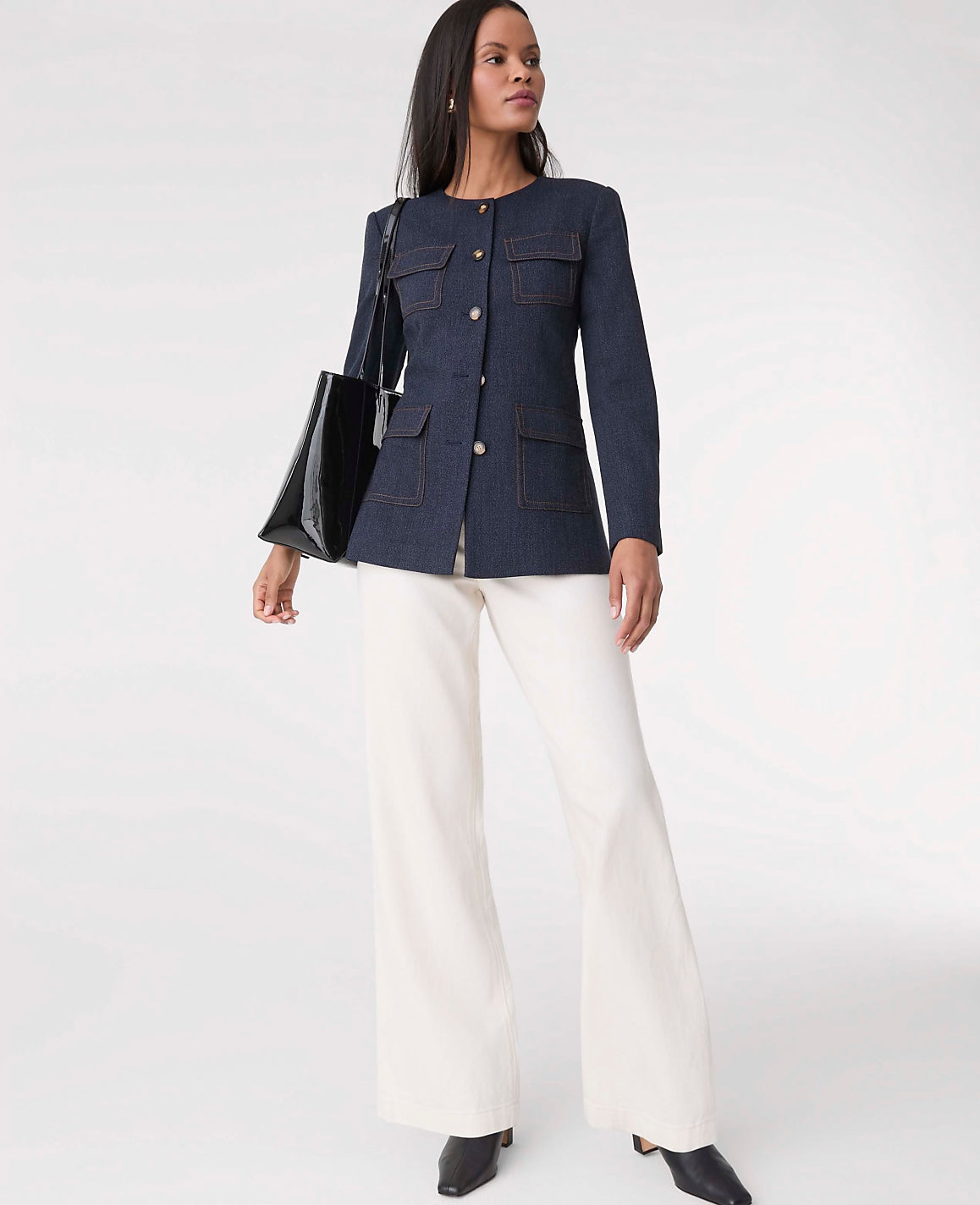 The Long Crew Neck Jacket in Denim | Ann Taylor