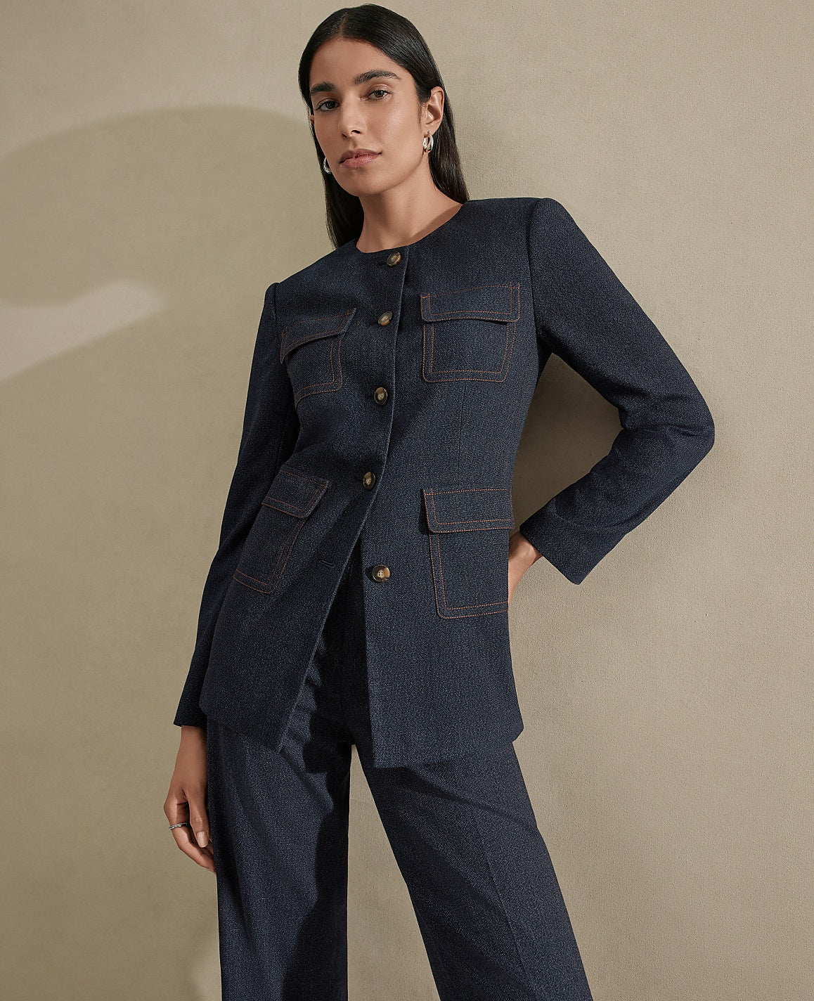 The Long Crew Neck Jacket in Denim | Ann Taylor