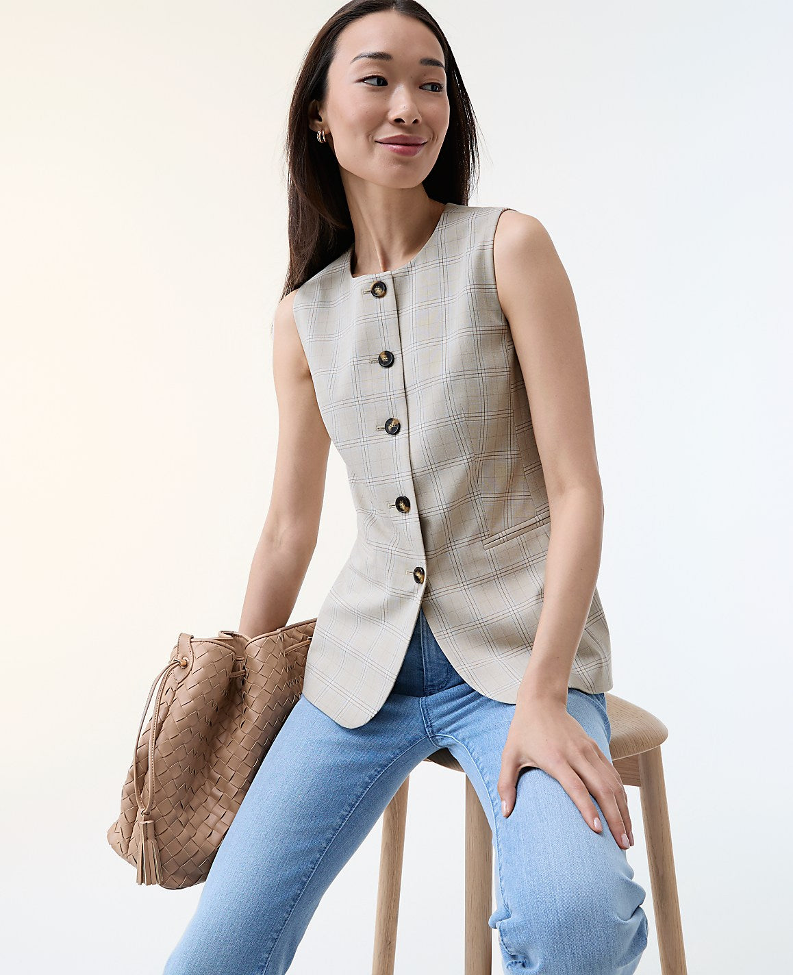 The Long Crew Neck Vest in Plaid | Ann Taylor