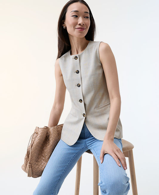 The Long Crew Neck Vest in Plaid | Ann Taylor