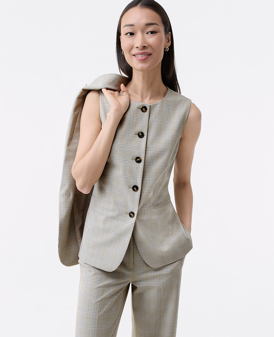 The Long Crew Neck Vest in Plaid | Ann Taylor
