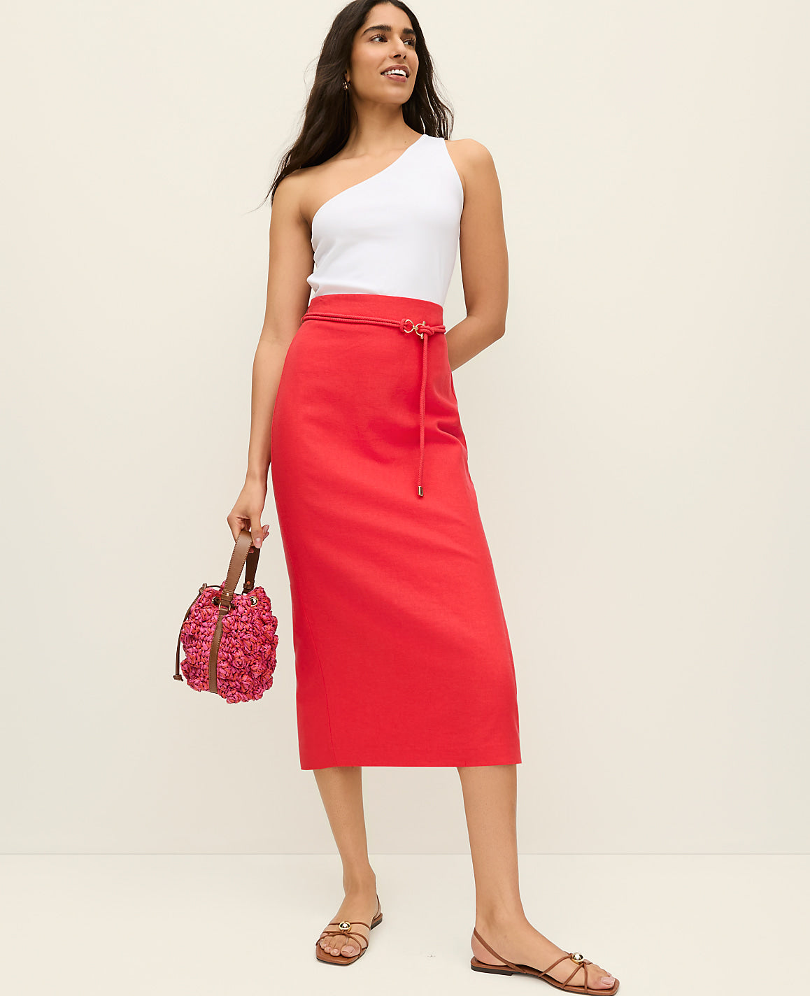 Belted Midi Pencil Skirt in Linen Blend | Ann Taylor