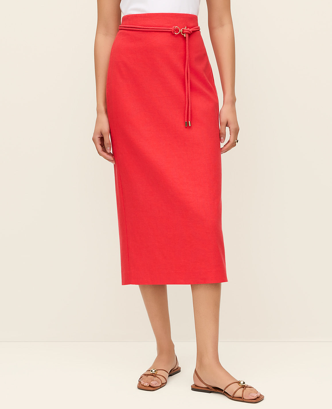 Belted Midi Pencil Skirt in Linen Blend | Ann Taylor