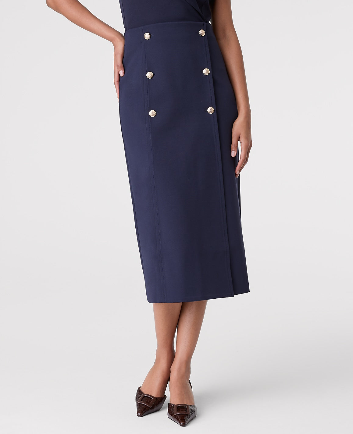 Ponte Button Wrap Midi Skirt | Ann Taylor