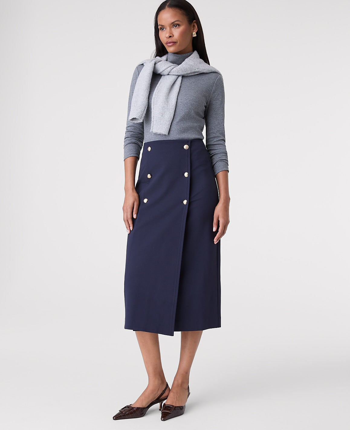Ponte Button Wrap Midi Skirt | Ann Taylor