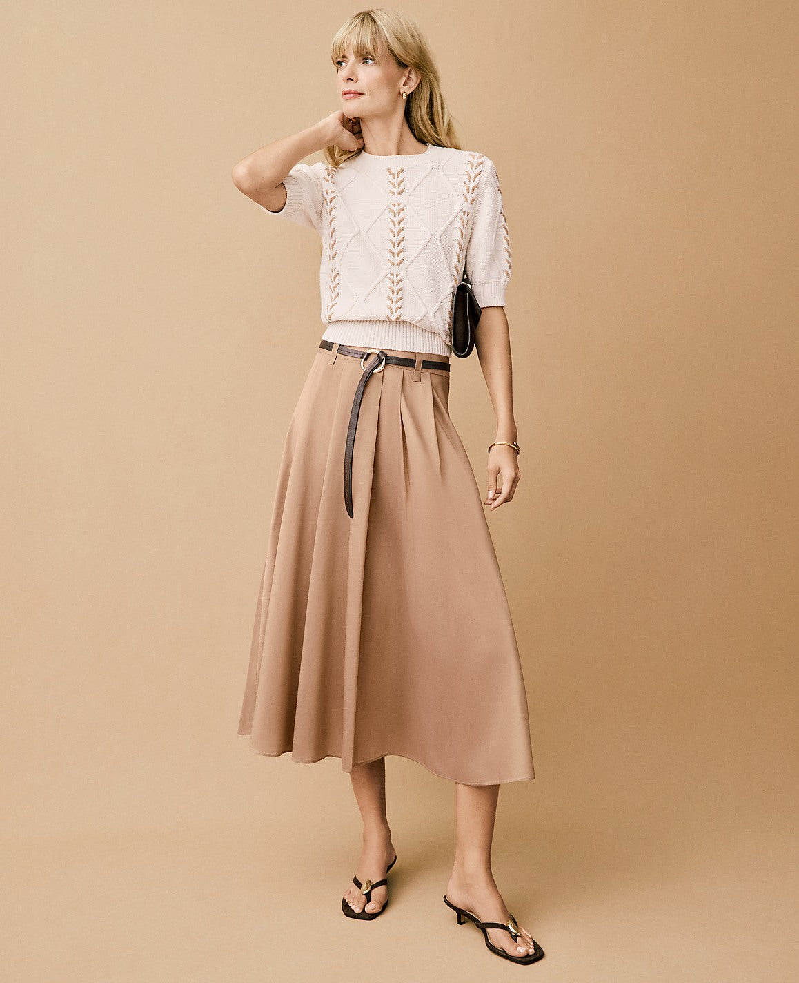 Belted Pleated Midi Skirt | Ann Taylor