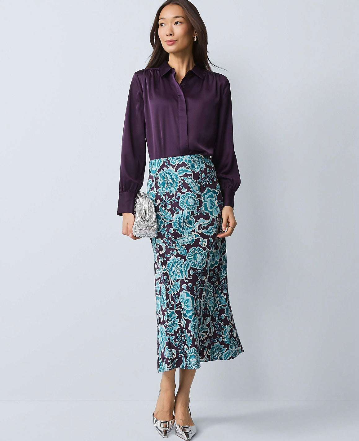 Floral Satin Midi Slip Skirt | Ann Taylor