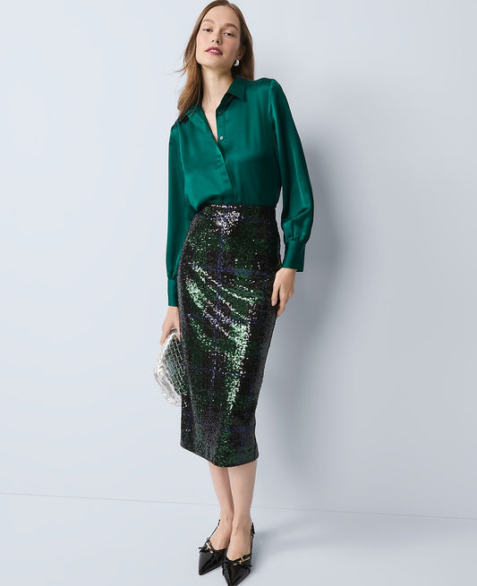 Sequin Plaid Column Midi Skirt | Ann Taylor
