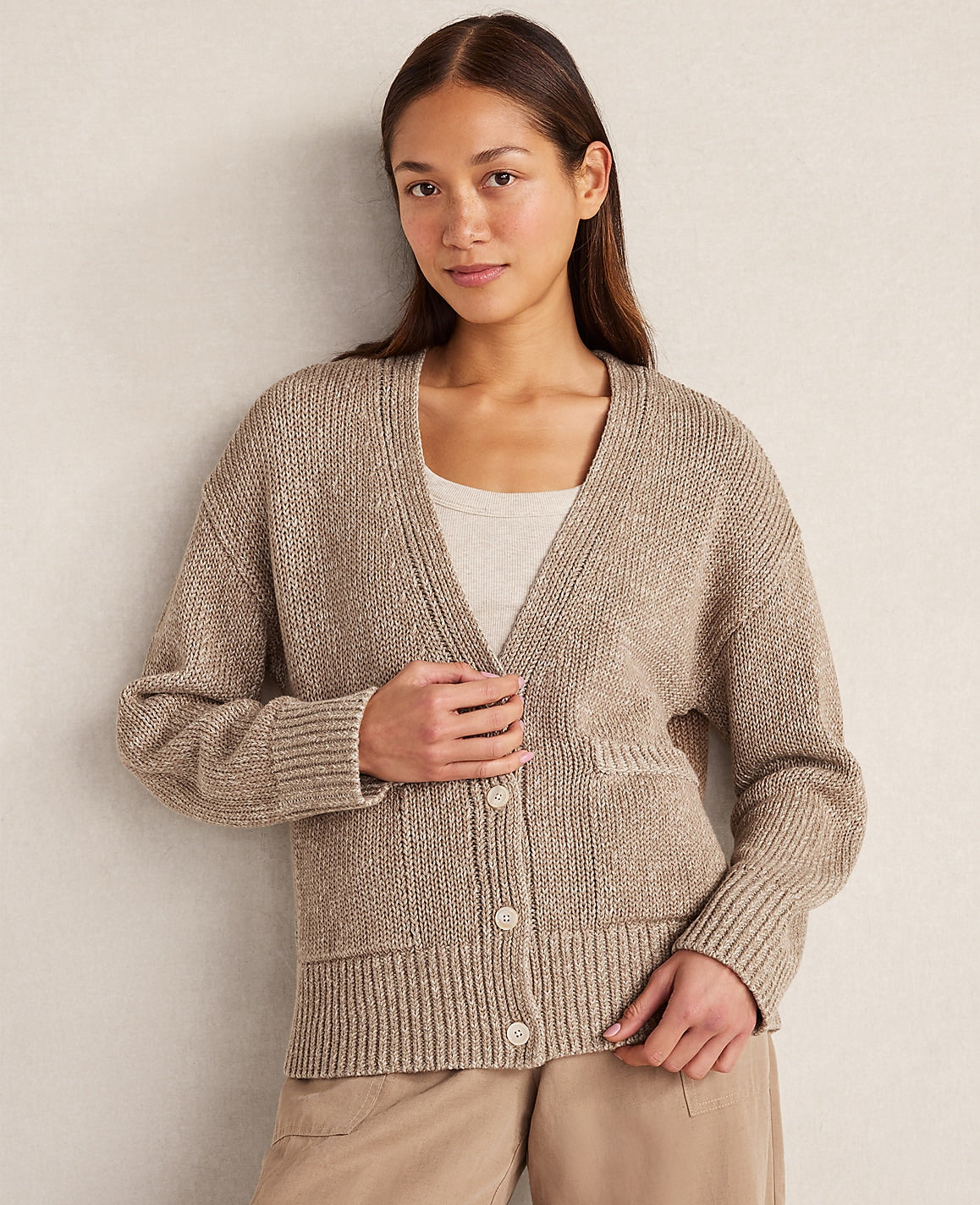 Haven Well Within Organic Cotton Linen Plaited V-Neck Cardigan | Ann Taylor