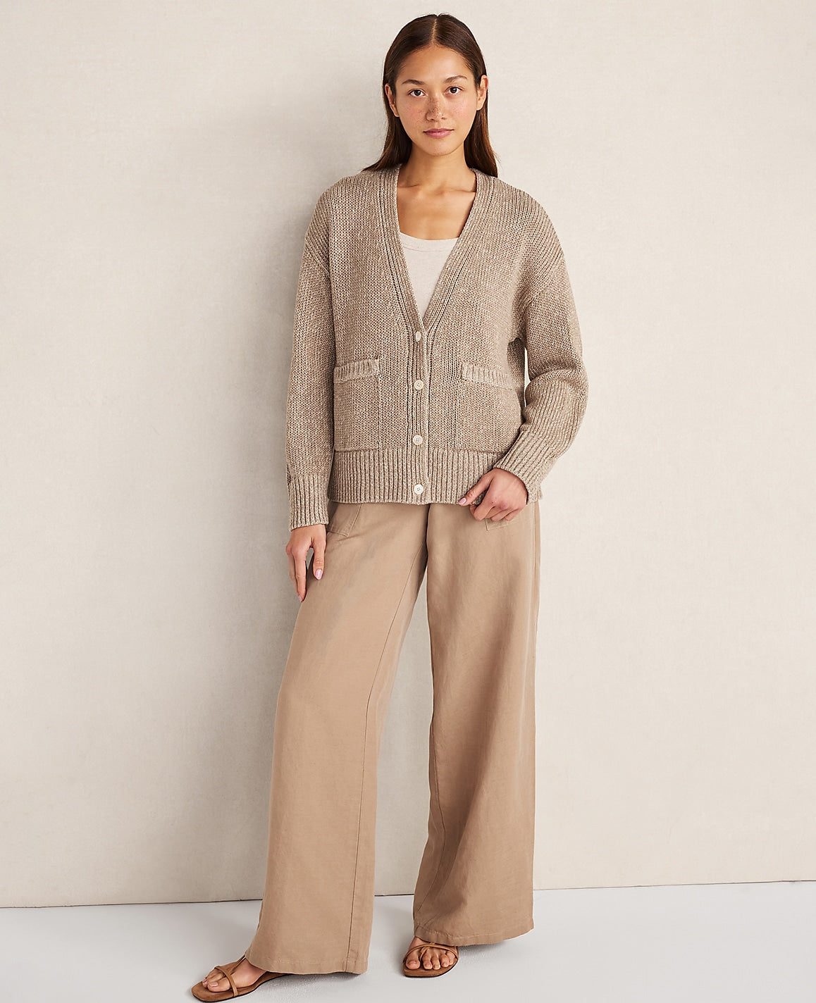 Haven Well Within Organic Cotton Linen Plaited V-Neck Cardigan | Ann Taylor
