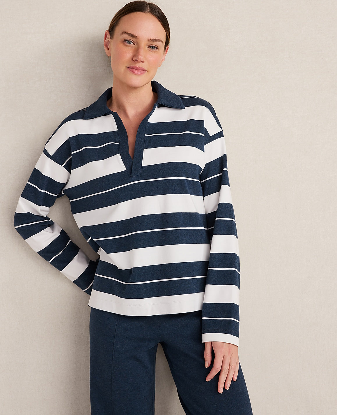 Haven Well Within Organic Cotton Interlock Stripe Johnny Collar Top | Ann Taylor