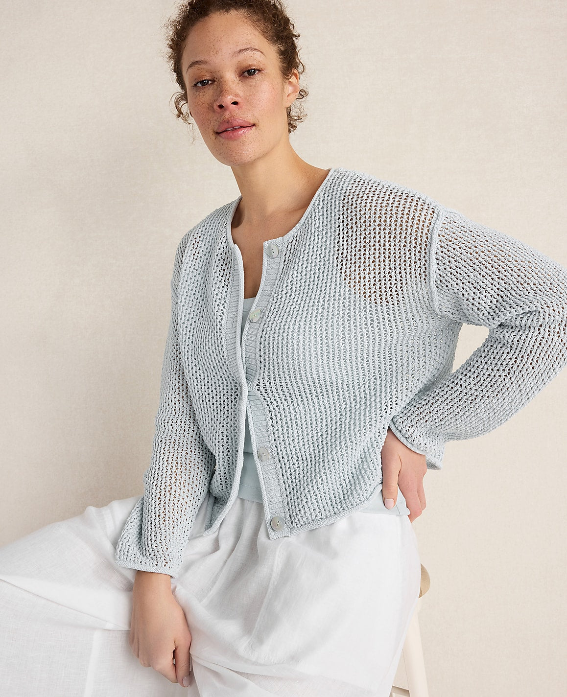 Haven Well Within Cotton Blend Open Stitch Cardigan | Ann Taylor