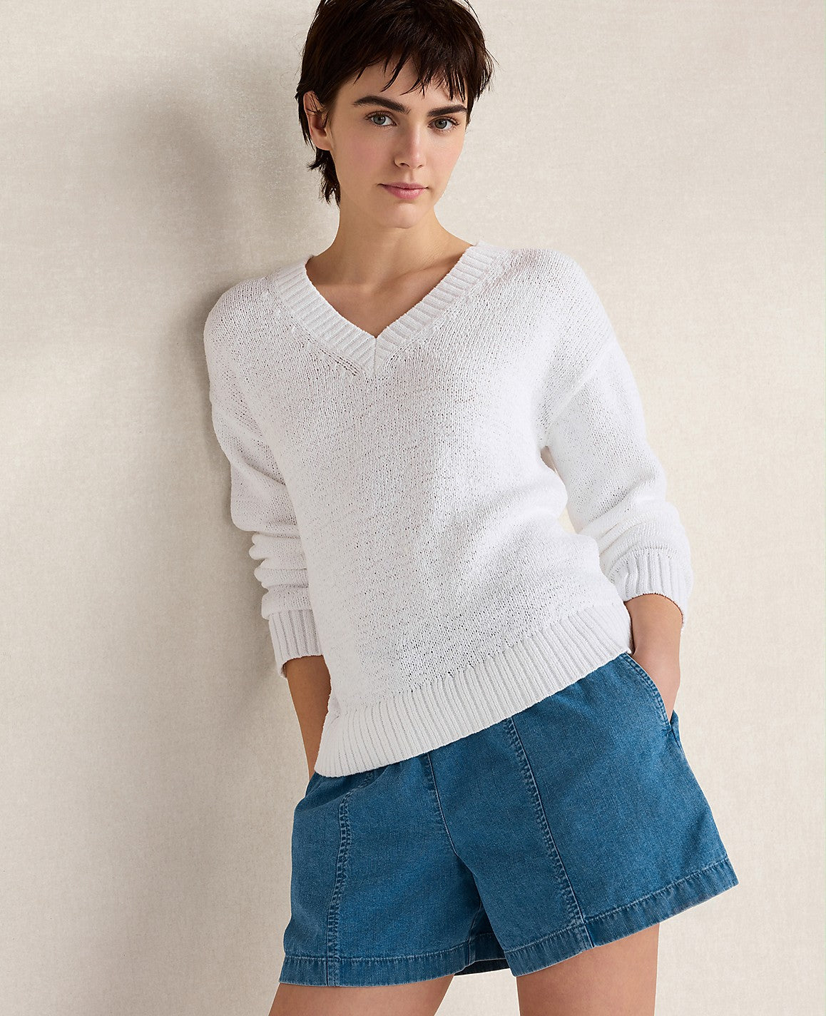 Haven Well Within Cotton Blend Tape Yarn V-Neck Sweater | Ann Taylor