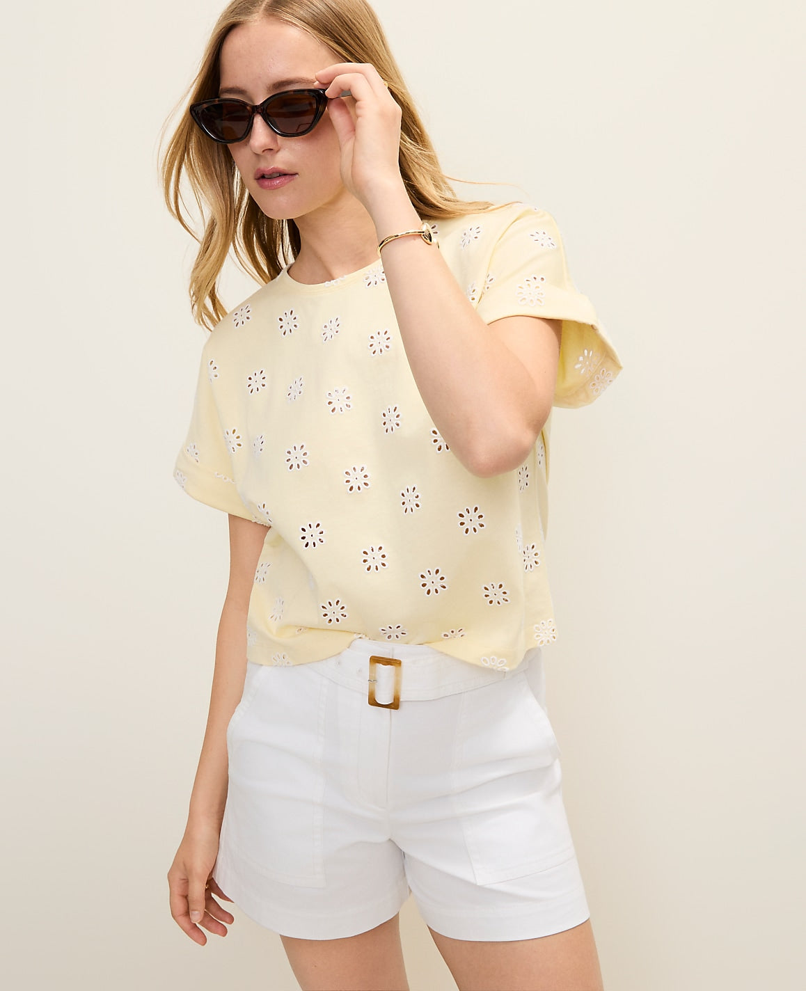 Weekend Eyelet Crew Neck Top | Ann Taylor