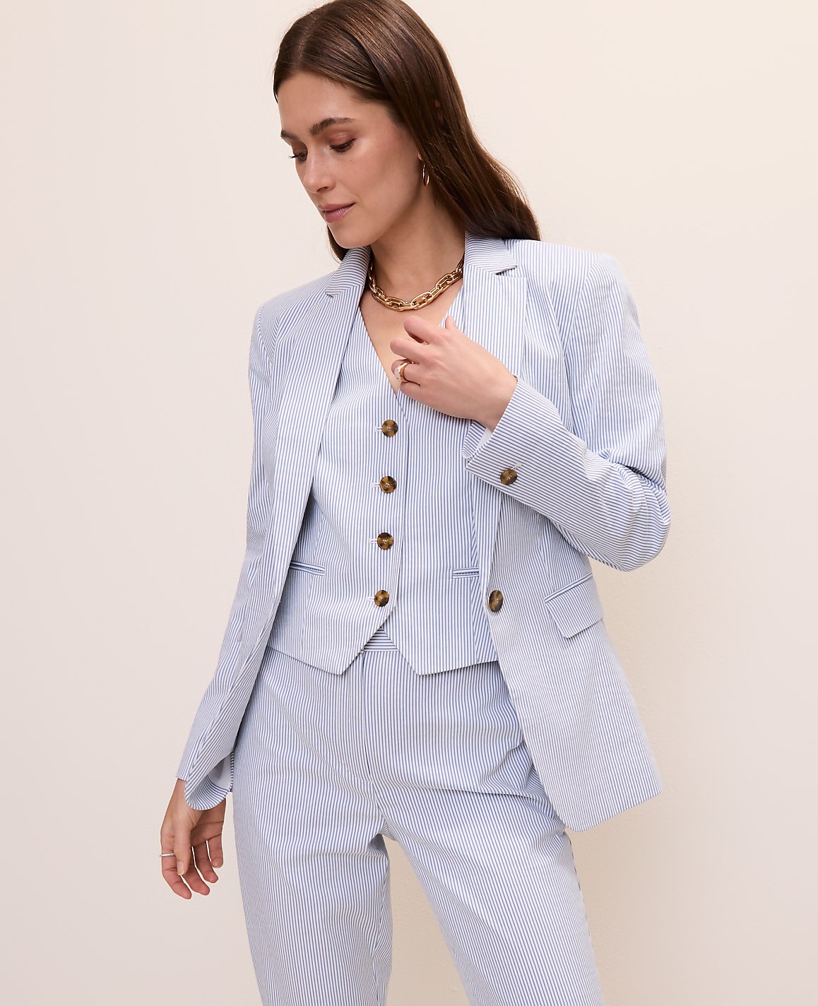 The Petite Long One Button Blazer in Seersucker | Ann Taylor