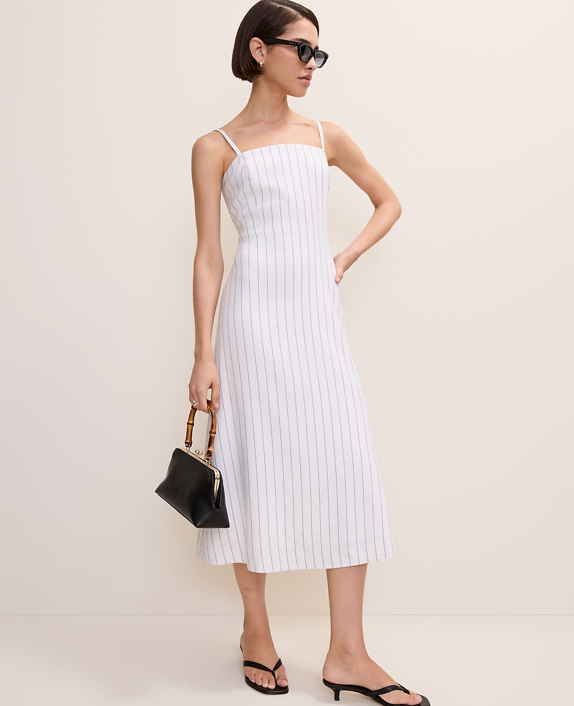 The Petite Pinstripe Midi Dress in Linen Blend | Ann Taylor