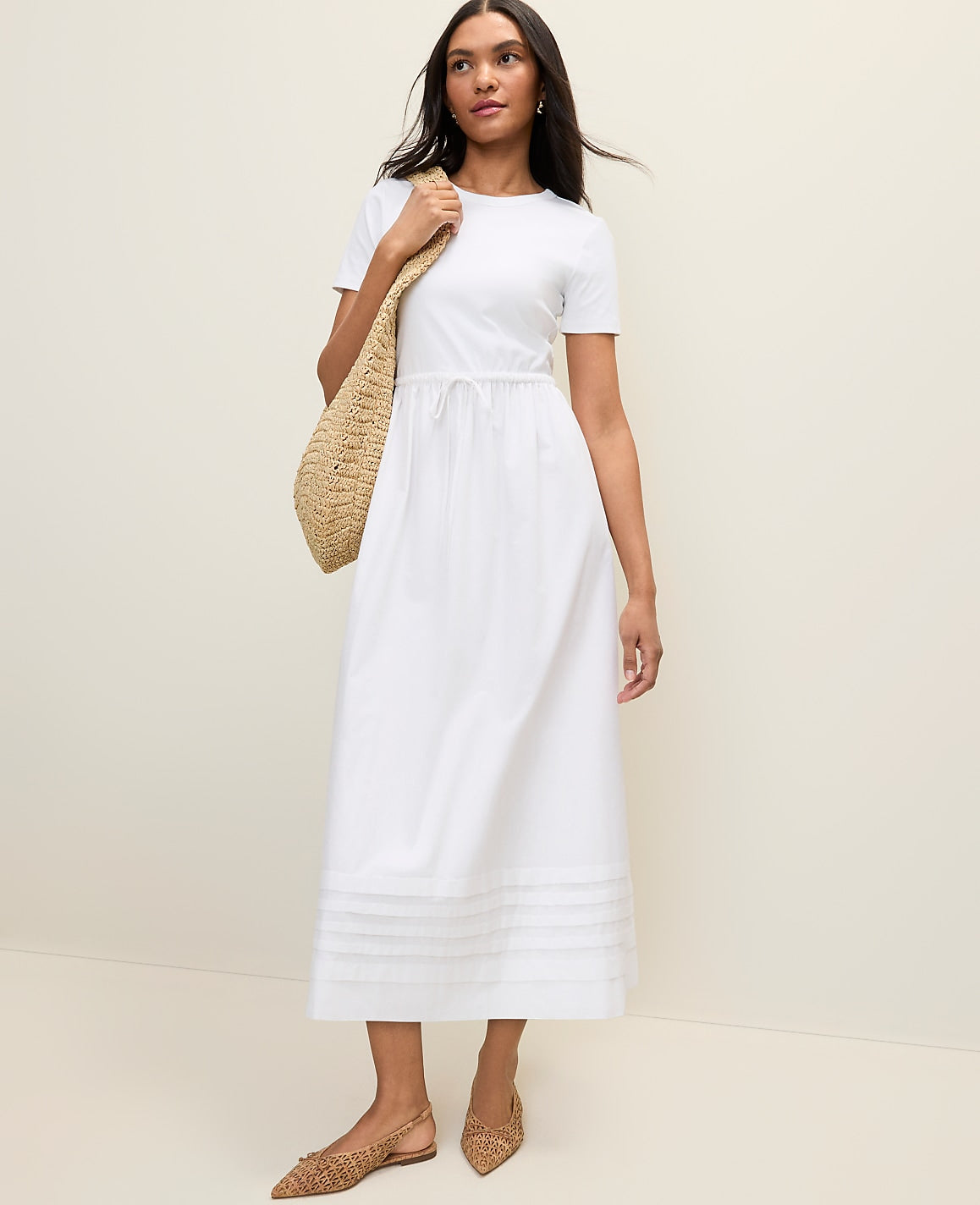 Weekend Mixed Media Crew Neck Midi Dress | Ann Taylor