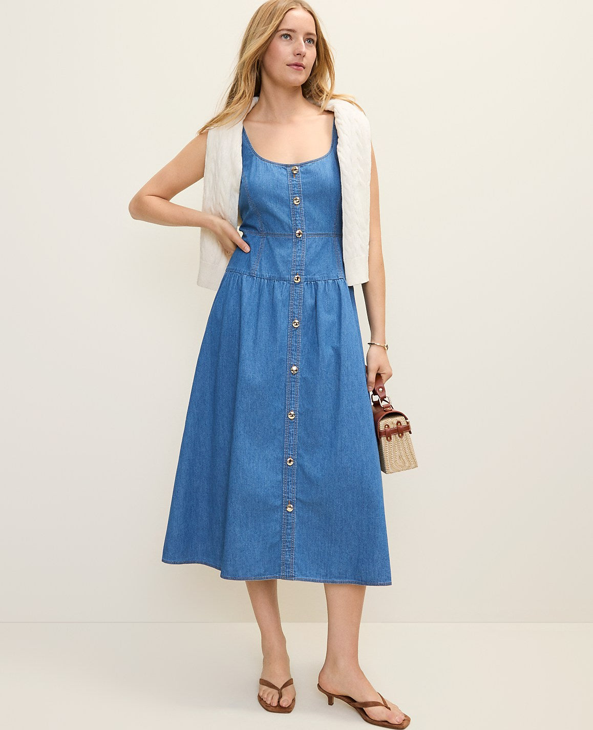 Weekend Chambray Flare Midi Dress | Ann Taylor