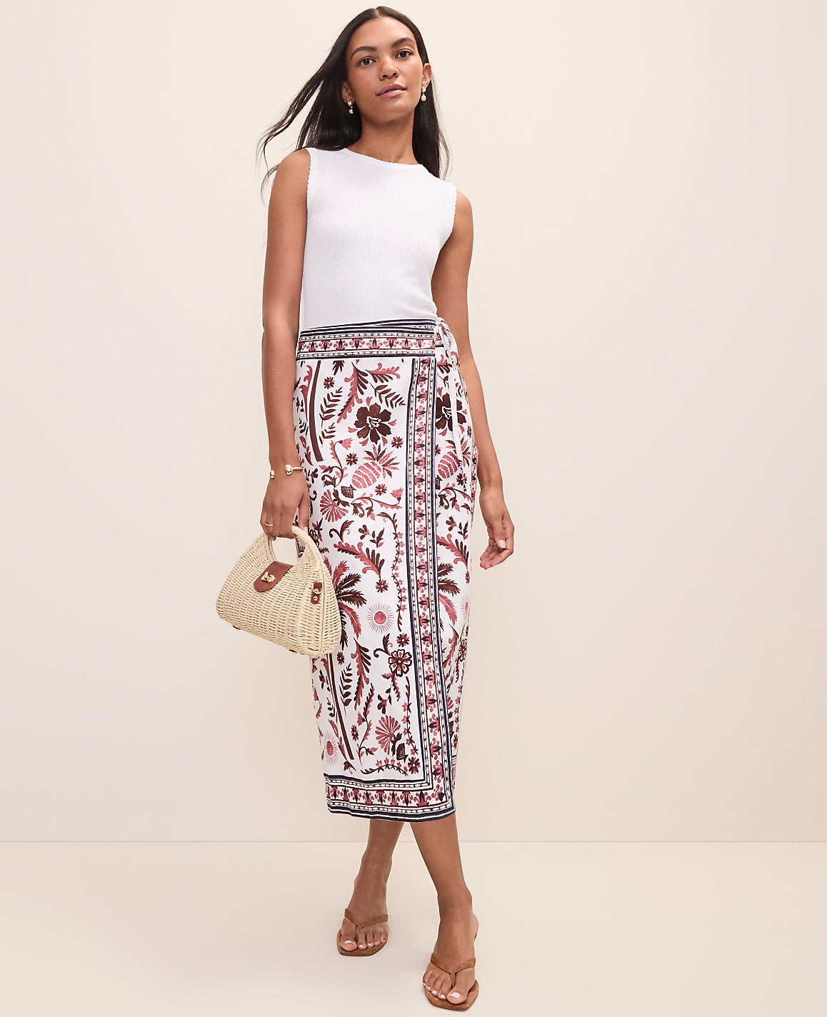 Weekend Palm Tree Print Sarong Midi Skirt in Linen Blend | Ann Taylor
