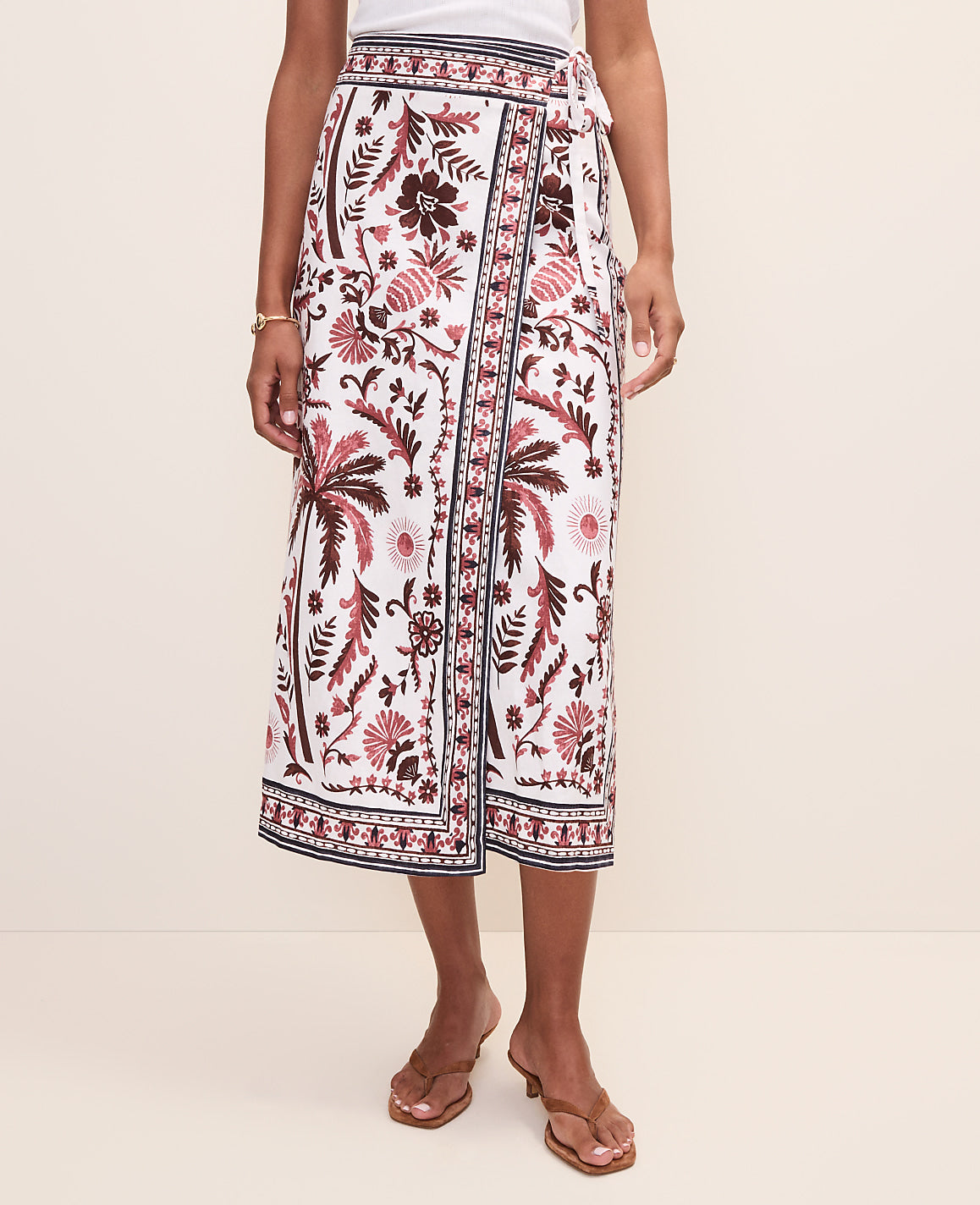 Weekend Palm Tree Print Sarong Midi Skirt in Linen Blend | Ann Taylor