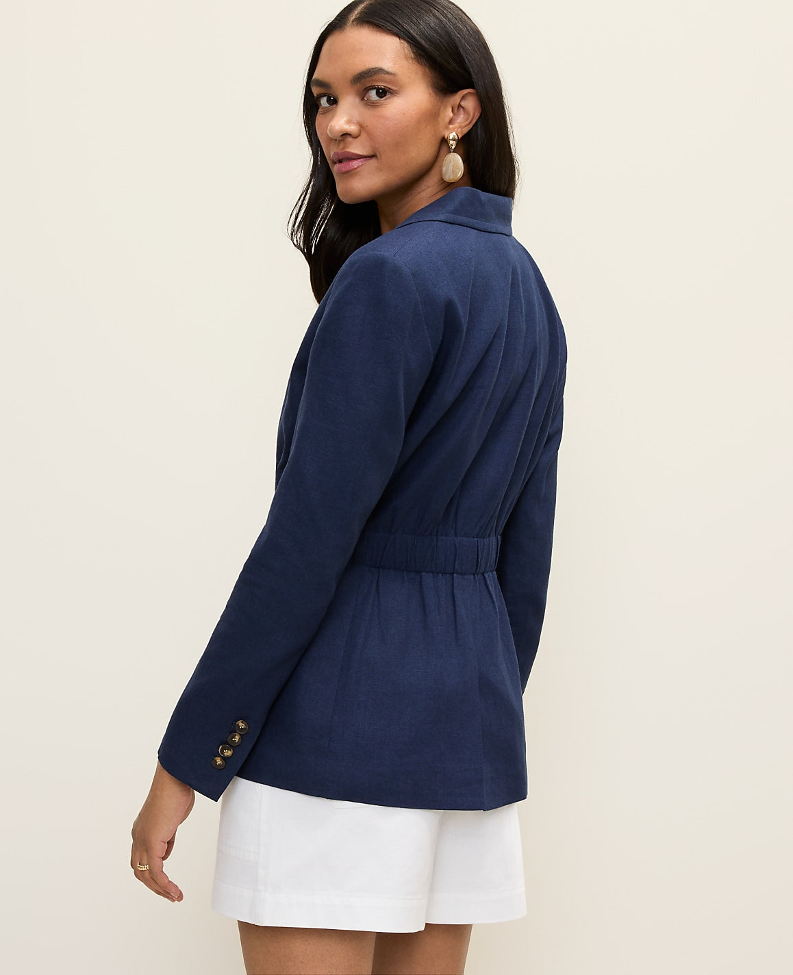 Weekend Elastic Waist Single Button Blazer in Linen Blend | Ann Taylor