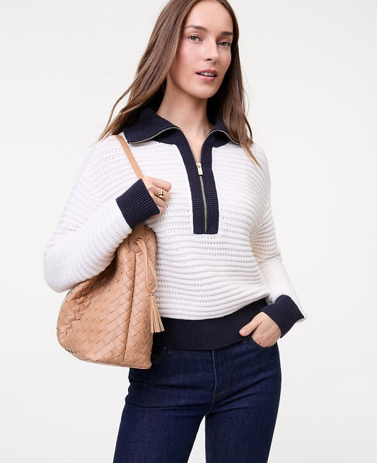Petite Weekend Striped Half-Zip Sweater | Ann Taylor
