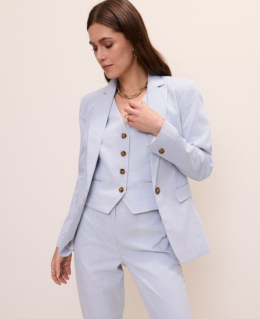 The Petite Long One Button Blazer in Seersucker | Ann Taylor