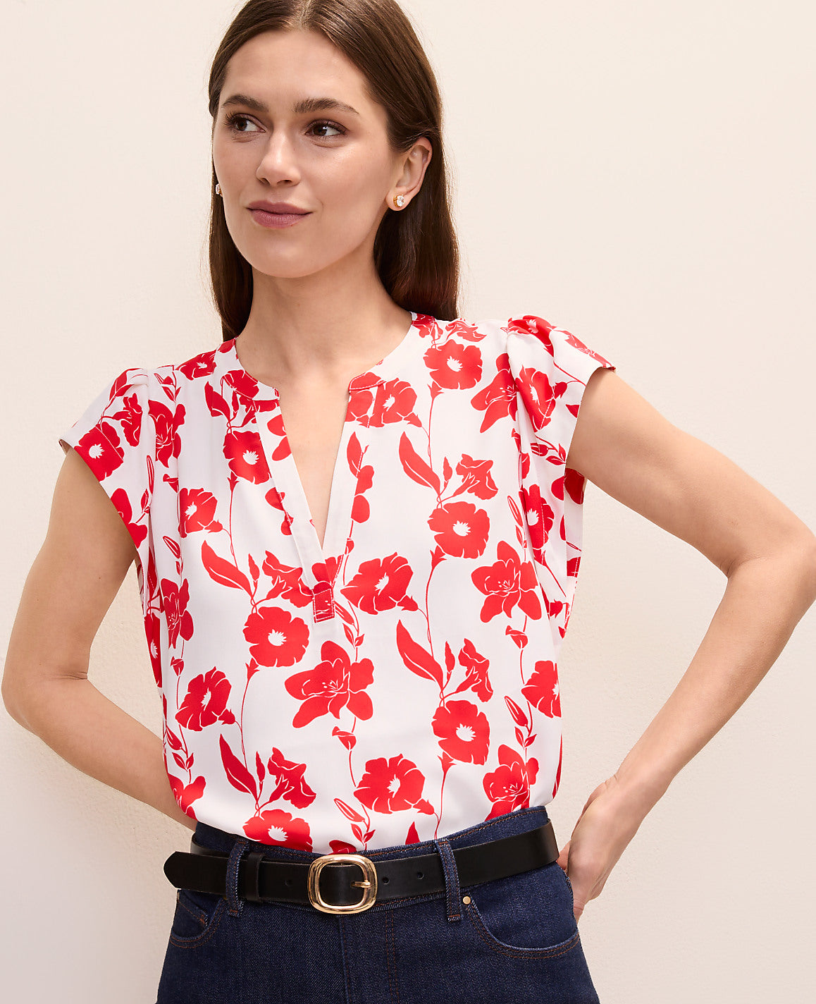 Petite Mixed Media Floral Flutter Sleeve Top | Ann Taylor