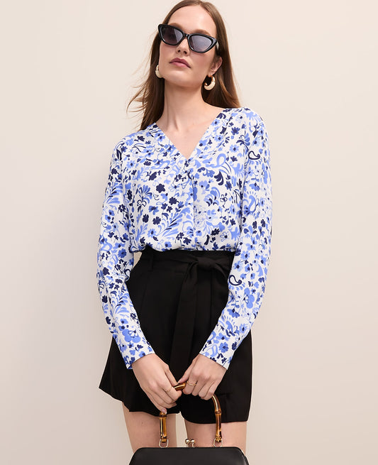 Petite Paisley Mixed Media Pleat Front Top | Ann Taylor