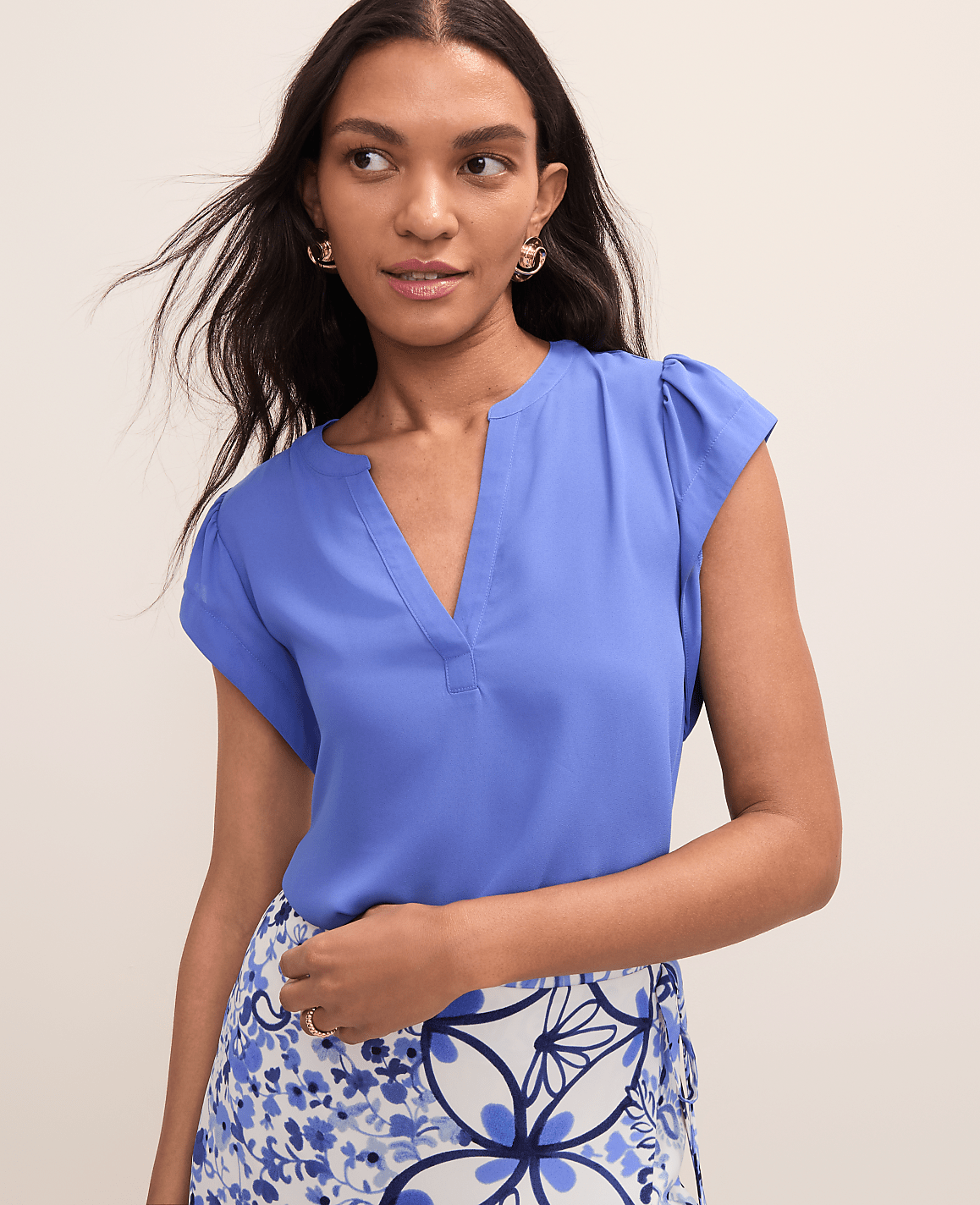 Petite Mixed Media Flutter Sleeve Top | Ann Taylor