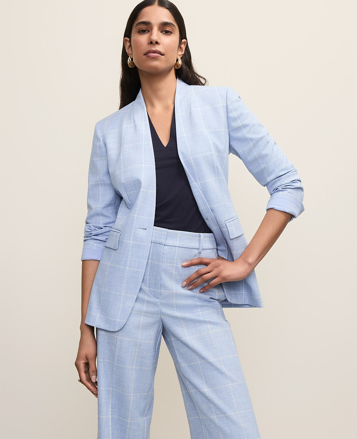 The Petite Collarless Belted Blazer in Windowpane | Ann Taylor