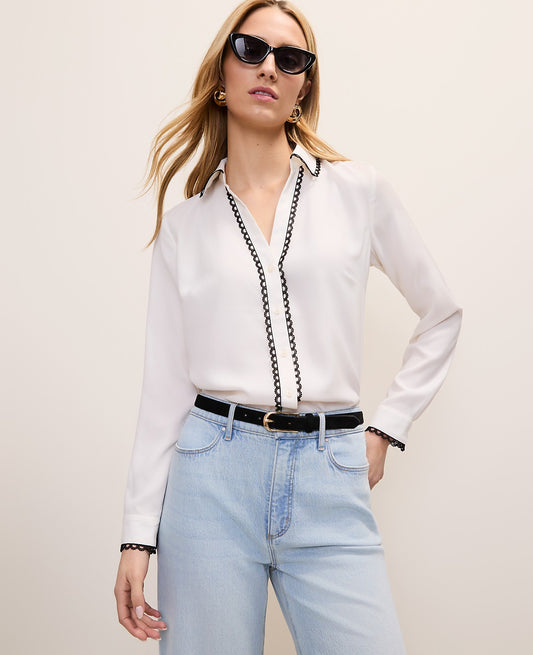 Petite Embroidered Satin Essential Shirt | Ann Taylor