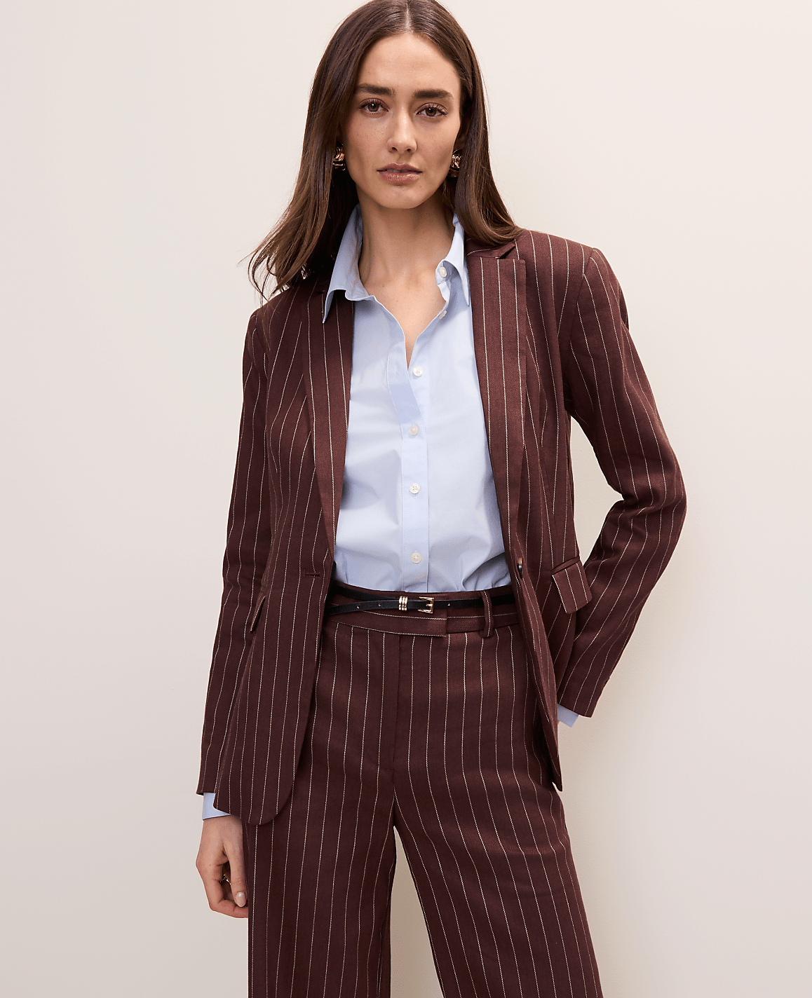 The Petite Pinstripe Long One Button Blazer in Linen Blend | Ann Taylor