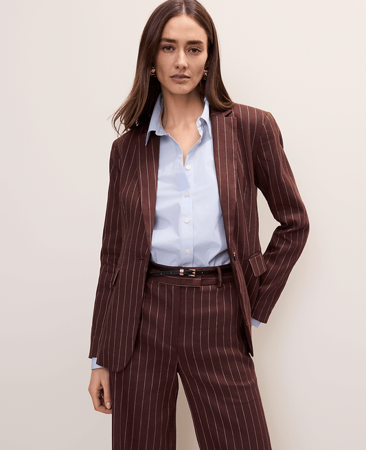 The Petite Pinstripe Long One Button Blazer in Linen Blend | Ann Taylor