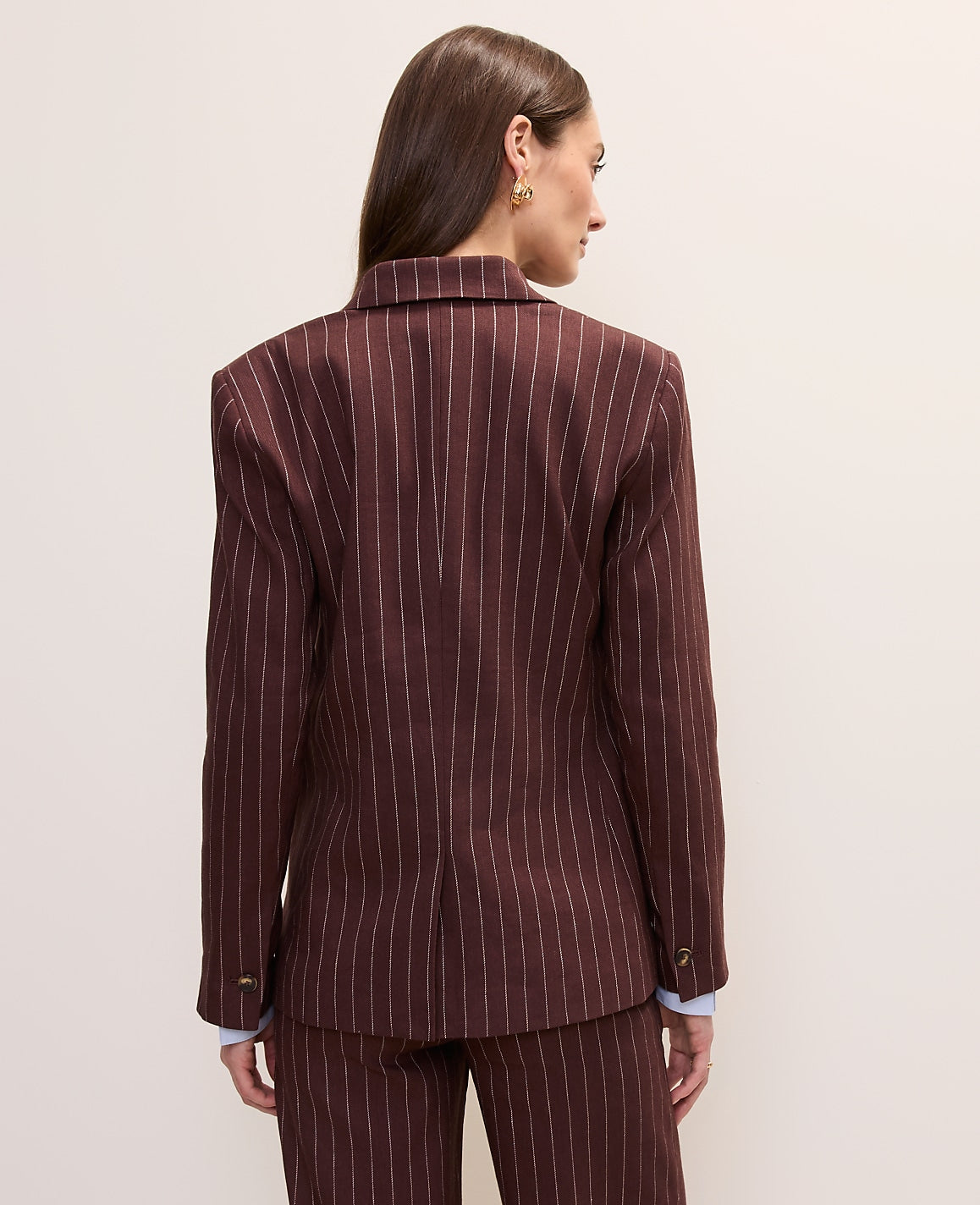 The Petite Pinstripe Long One Button Blazer in Linen Blend | Ann Taylor