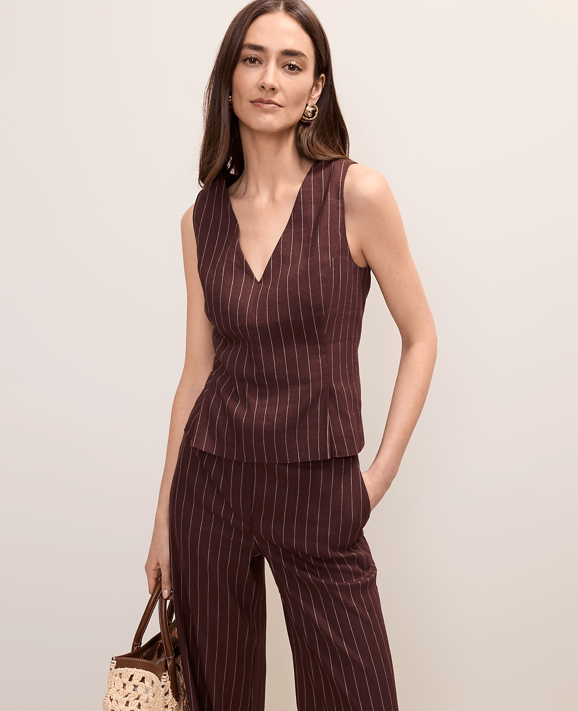 Petite Pinstripe Peplum Top in Linen Blend | Ann Taylor