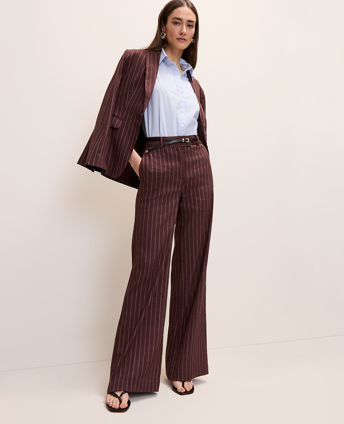 The Petite Pinstriped Wide-Leg Flare Trouser in Linen Blend | Ann Taylor