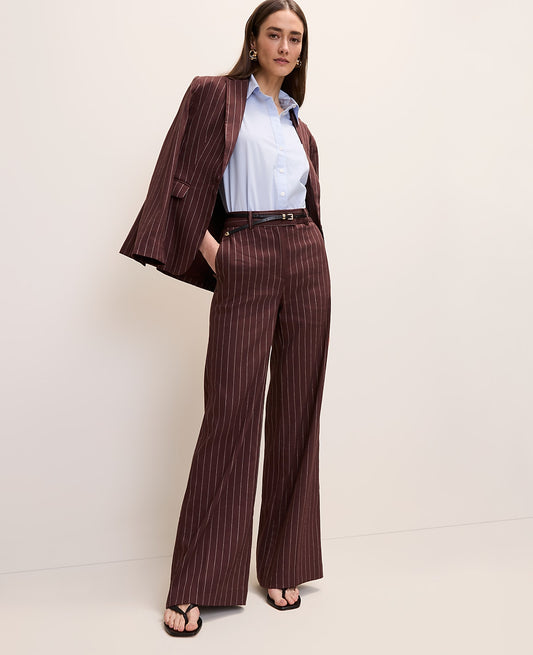 The Petite Pinstriped Wide-Leg Flare Trouser in Linen Blend | Ann Taylor