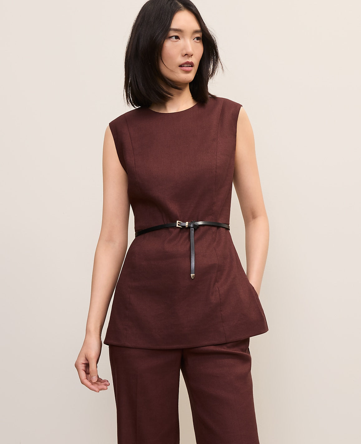 The Petite Long Crew Neck Top in Linen Blend | Ann Taylor
