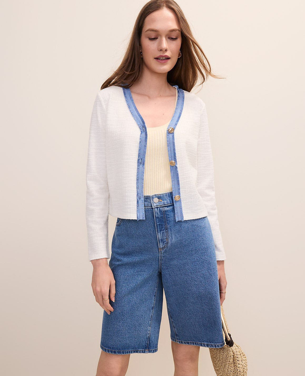 Fringe Trim Cropped Tweed Jacket | Vinci Leather